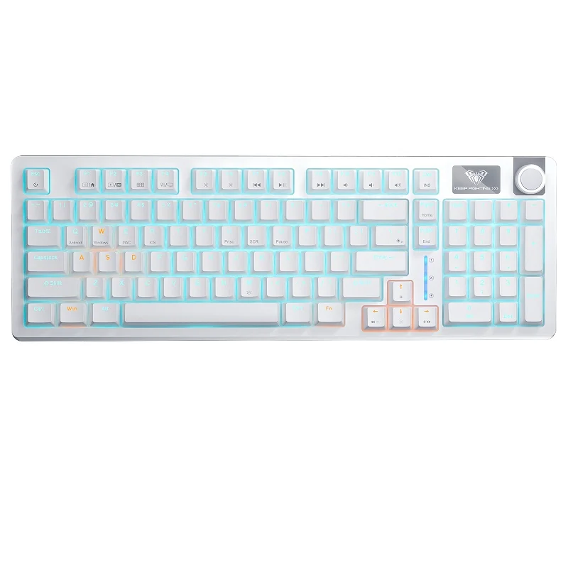 AULA S98 mechanical keyboard from above: a white body, the 98% layout with its number pad and the knob on the right