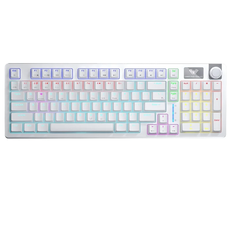 AULA S98 from above with the rainbow backlight on: different colours by zone and the BT1, BT2, BT3 and 2.4G key legends