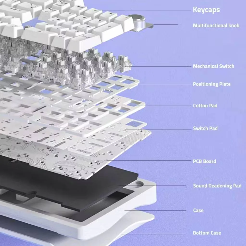 Exploded view of the AULA S98: keycaps, knob, switches, positioning plate, cotton pad, PCB and sound-dampening pad