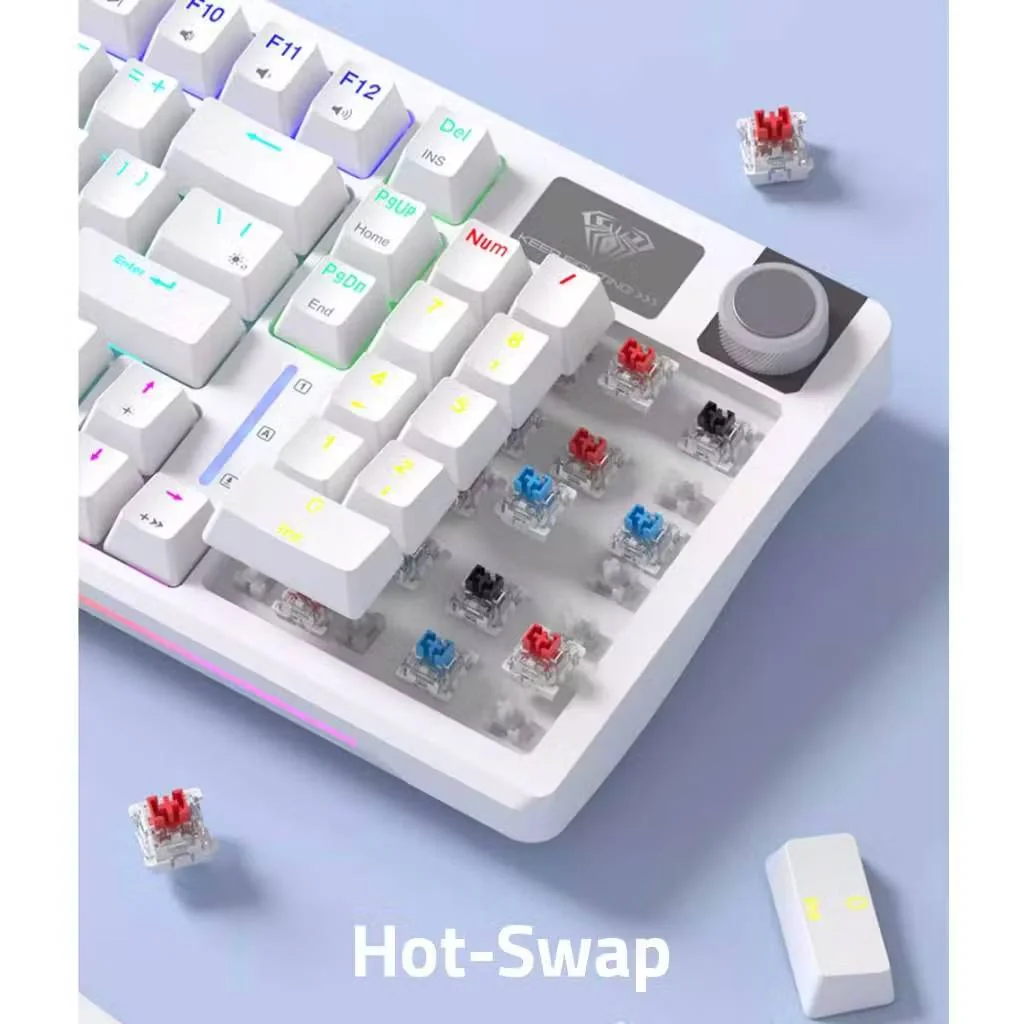 Hot-swap on the AULA S98: removed keycaps and red, blue and black three-pin switches in their sockets