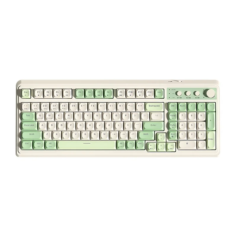 AULA S99 keyboard on a cream case with green keys, top view