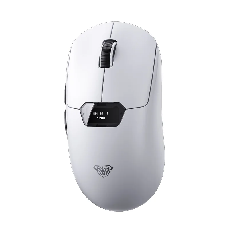 Игровая мышь AULA SC390 в белом корпусе, вид сверху, видны колесо и экран