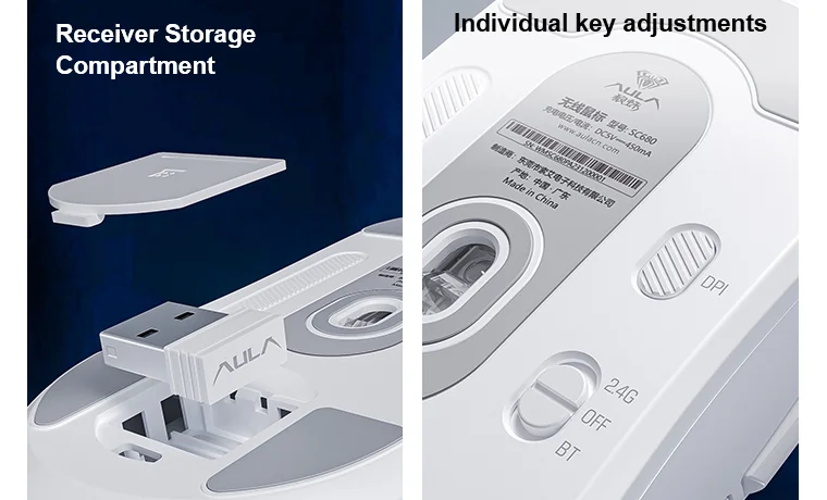Днище AULA SC680: отсек для приёмника USB-A под съёмной крышкой, кнопка DPI и переключатель 2.4G / OFF / BT