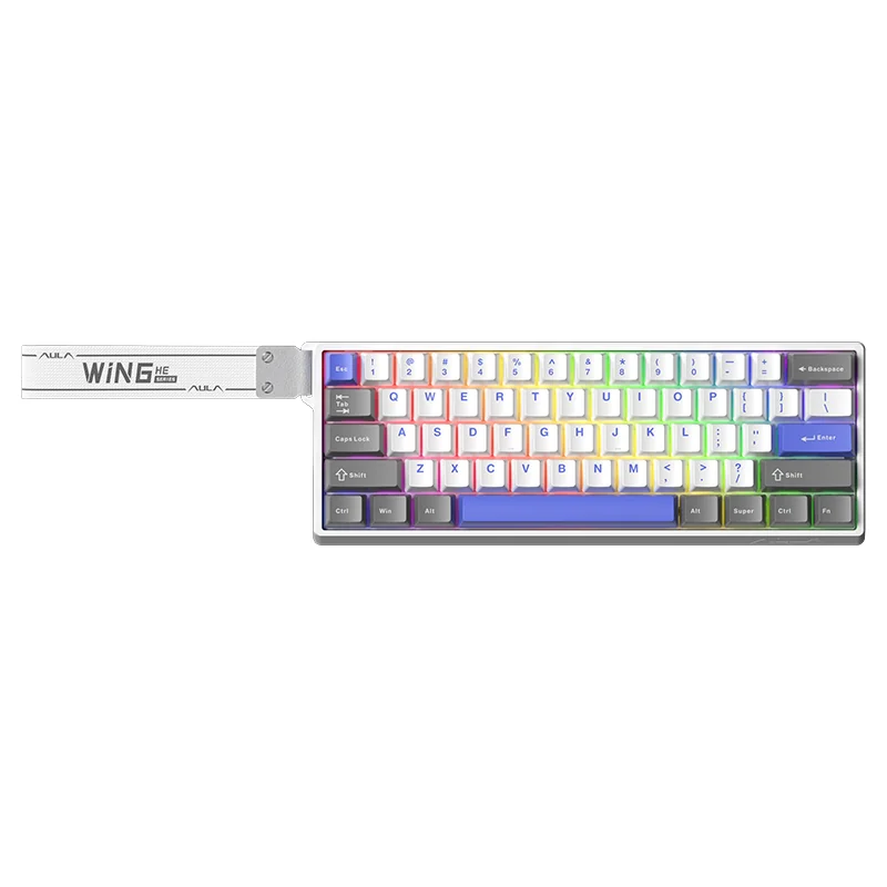 AULA WIN60 MAX keyboard in the white and blue colourway: white case, light keycaps, a blue space bar and RGB lighting