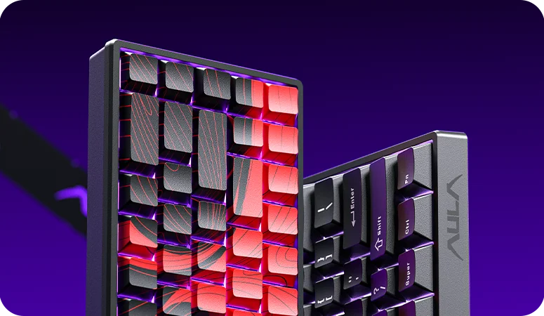 Two AULA WIN60 keyboards stood on edge, black and red and plain black, showing the case profile and the Super/Fn row