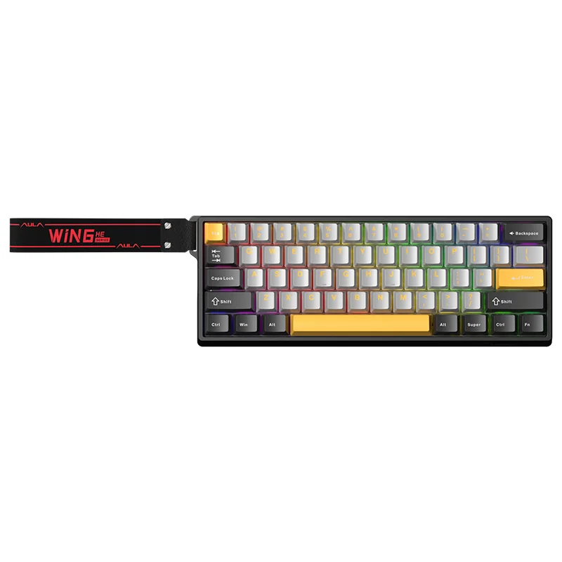 AULA WIN60 MAX keyboard in the gray and yellow colourway: black case, grey keycaps and yellow Esc, Enter and space bar