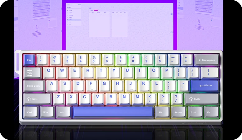 The white and blue AULA WIN60 MAX seen from above, with the AULA HUB web driver open on the screen behind it