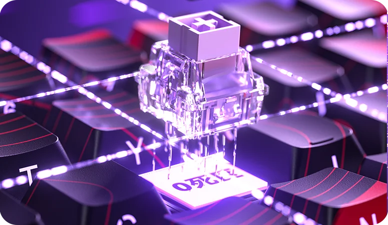A transparent AULA magnetic switch lifted out of the keyboard, close up in purple lighting