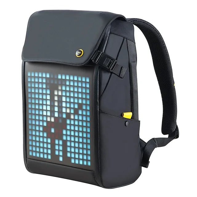Чёрный рюкзак Pixoo Backpack-M спереди: светящийся пиксельный рисунок, клапан и лямки