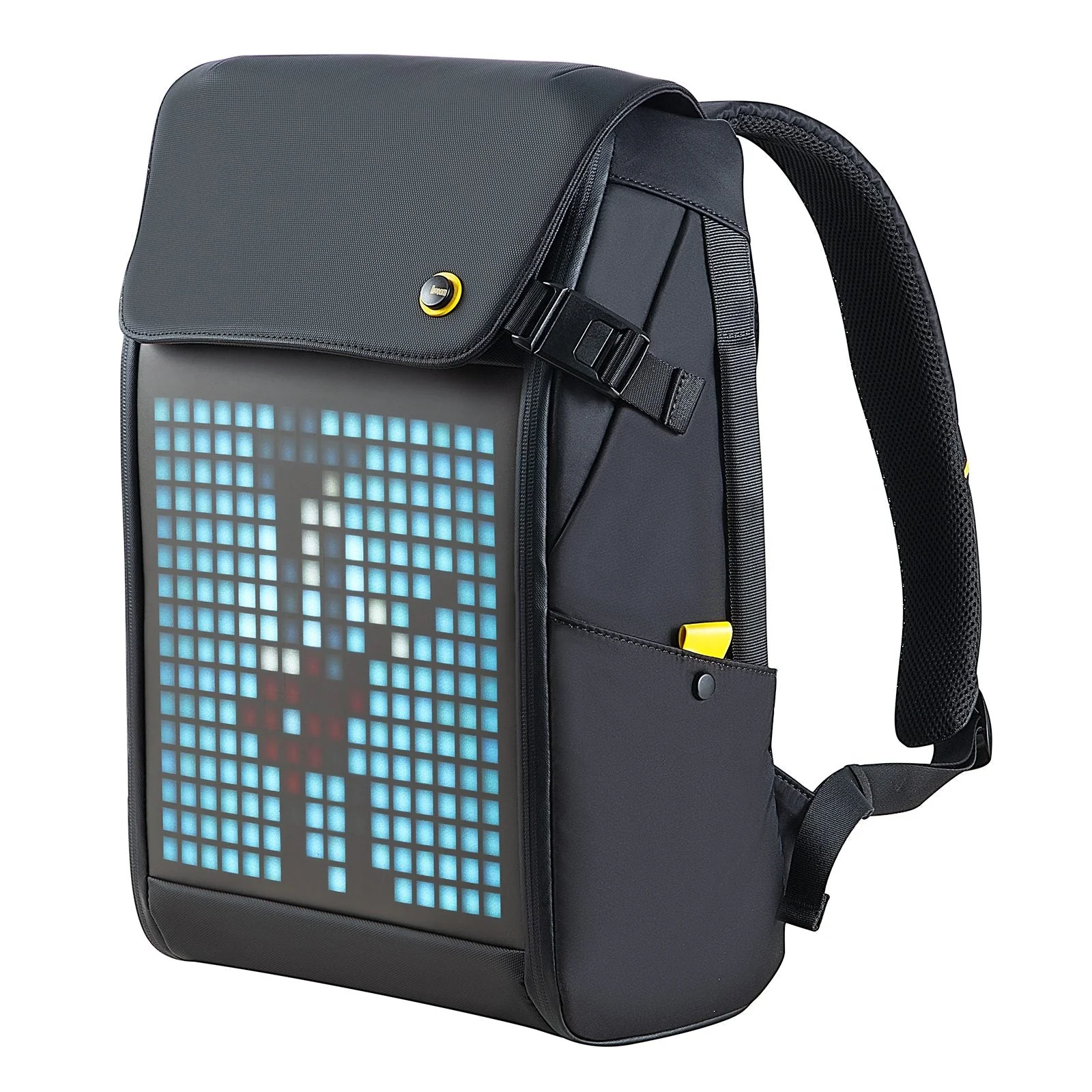 Чёрный рюкзак Pixoo Backpack-M спереди: светящийся пиксельный рисунок, клапан и лямки