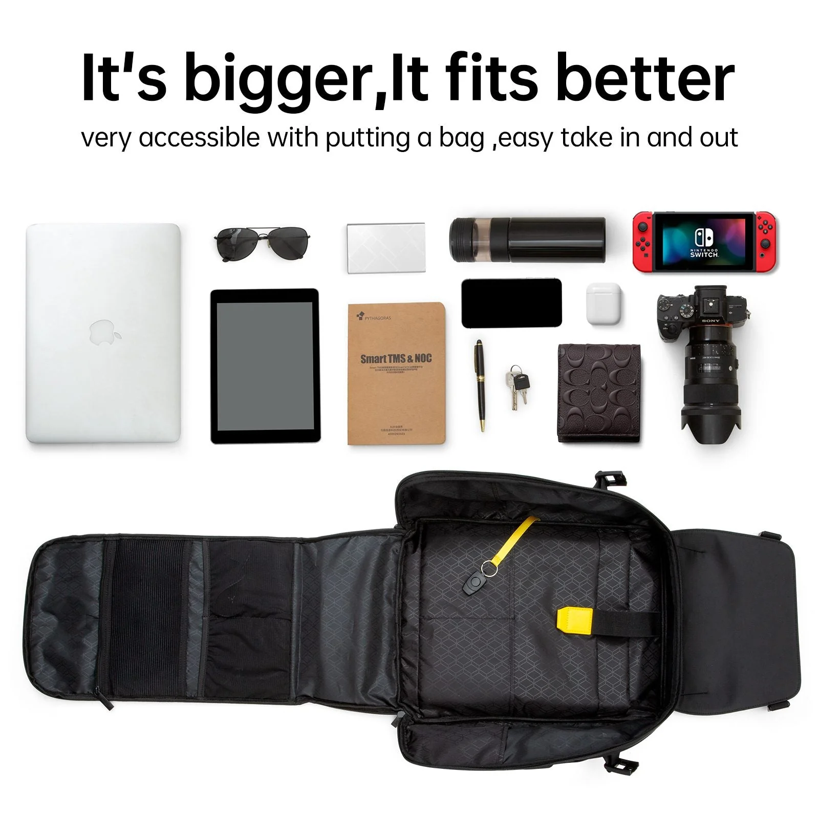 Вместимость Pixoo Backpack-M: ноутбук, планшет, блокнот, бутылка, камера и игровая консоль рядом с открытым рюкзаком