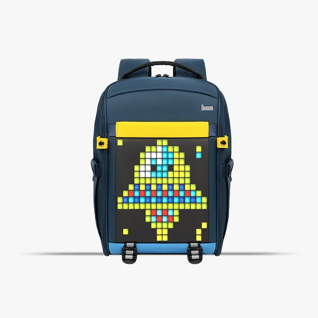 Divoom Backpack-S, синий рюкзак с жёлтыми акцентами и пиксельной ракетой на LED-экране