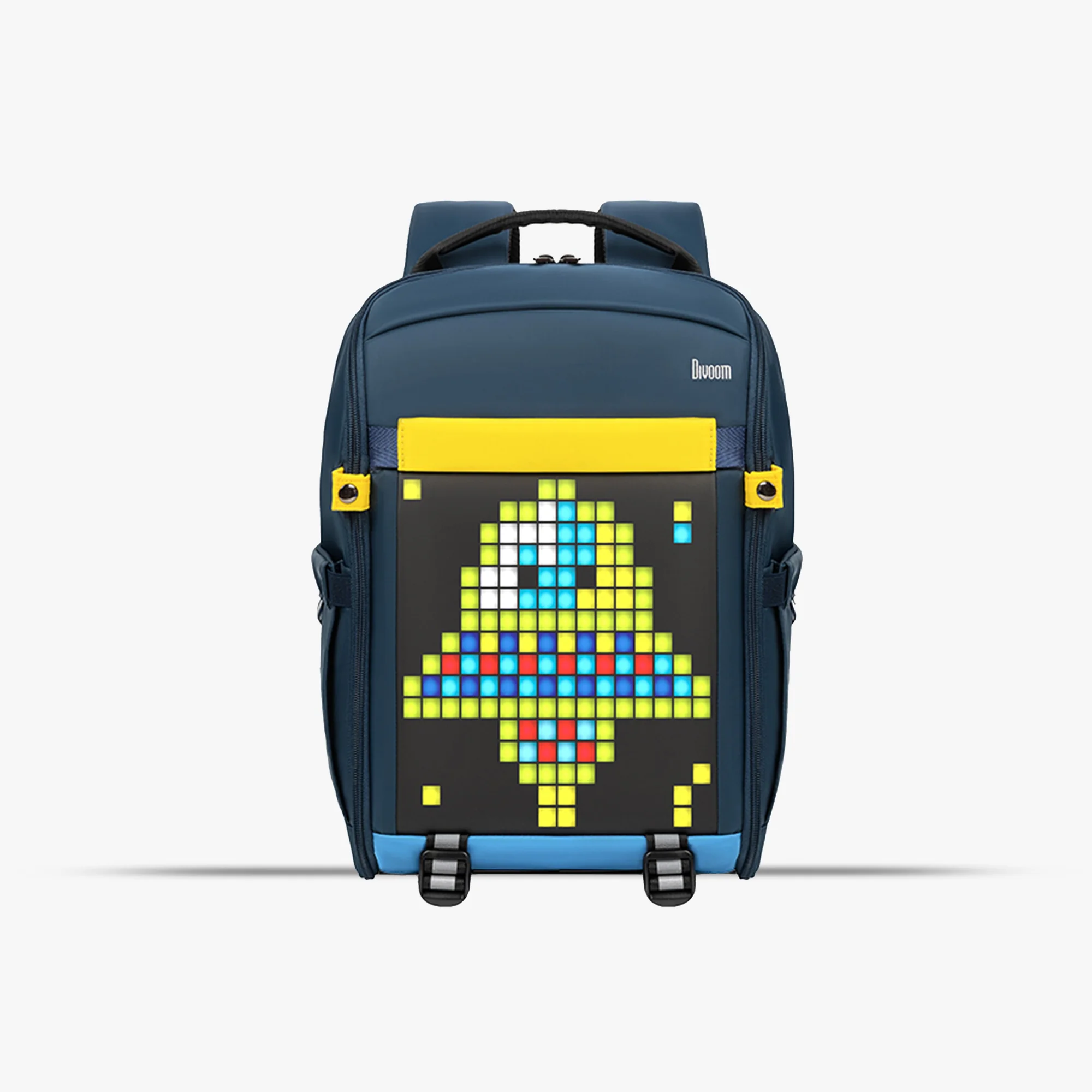 Divoom Backpack-S, синий рюкзак с жёлтыми акцентами и пиксельной ракетой на LED-экране
