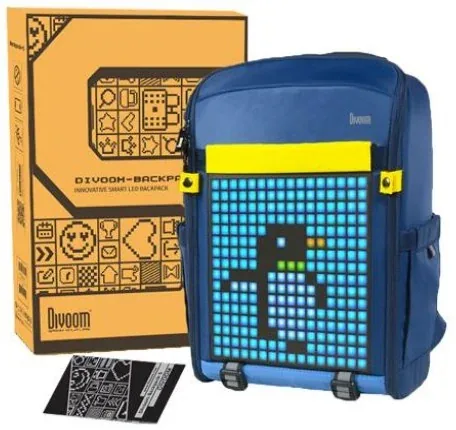 Розничная упаковка Divoom Backpack-S: оранжевая коробка, синий рюкзак и инструкция