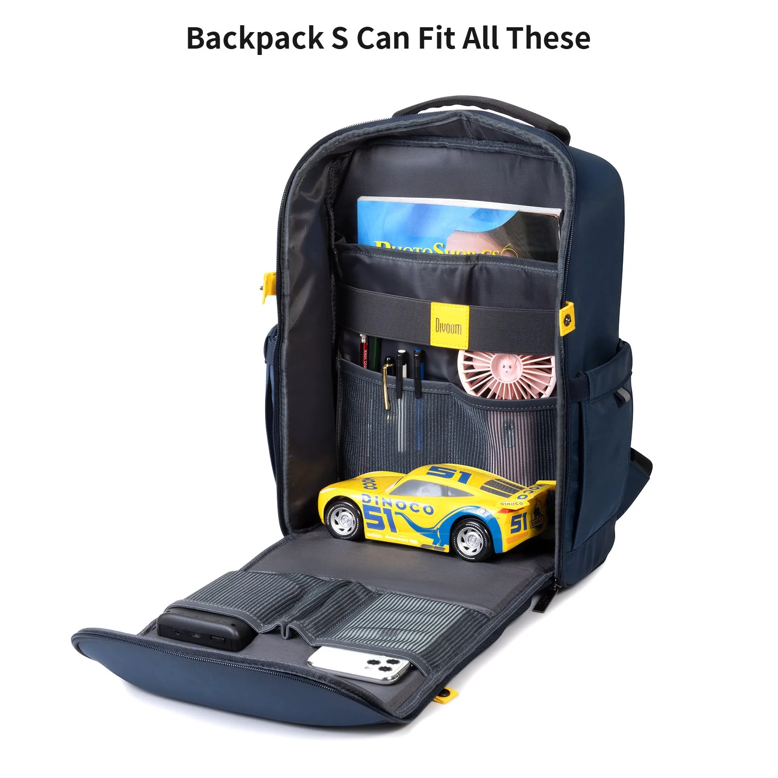 Divoom Backpack-S раскрыт полностью: органайзер с петлями для ручек, сетчатыми карманами и местом под повербанк