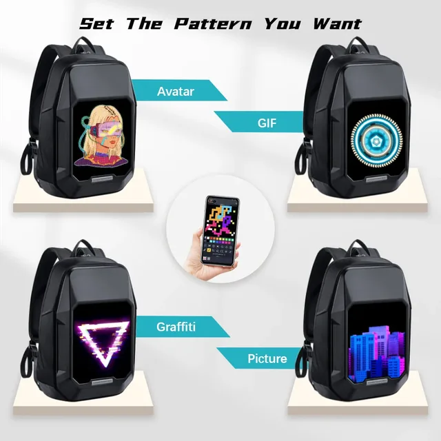 Четыре рюкзака Cyberbag с разным контентом на экране: аватар, GIF, граффити и фотография