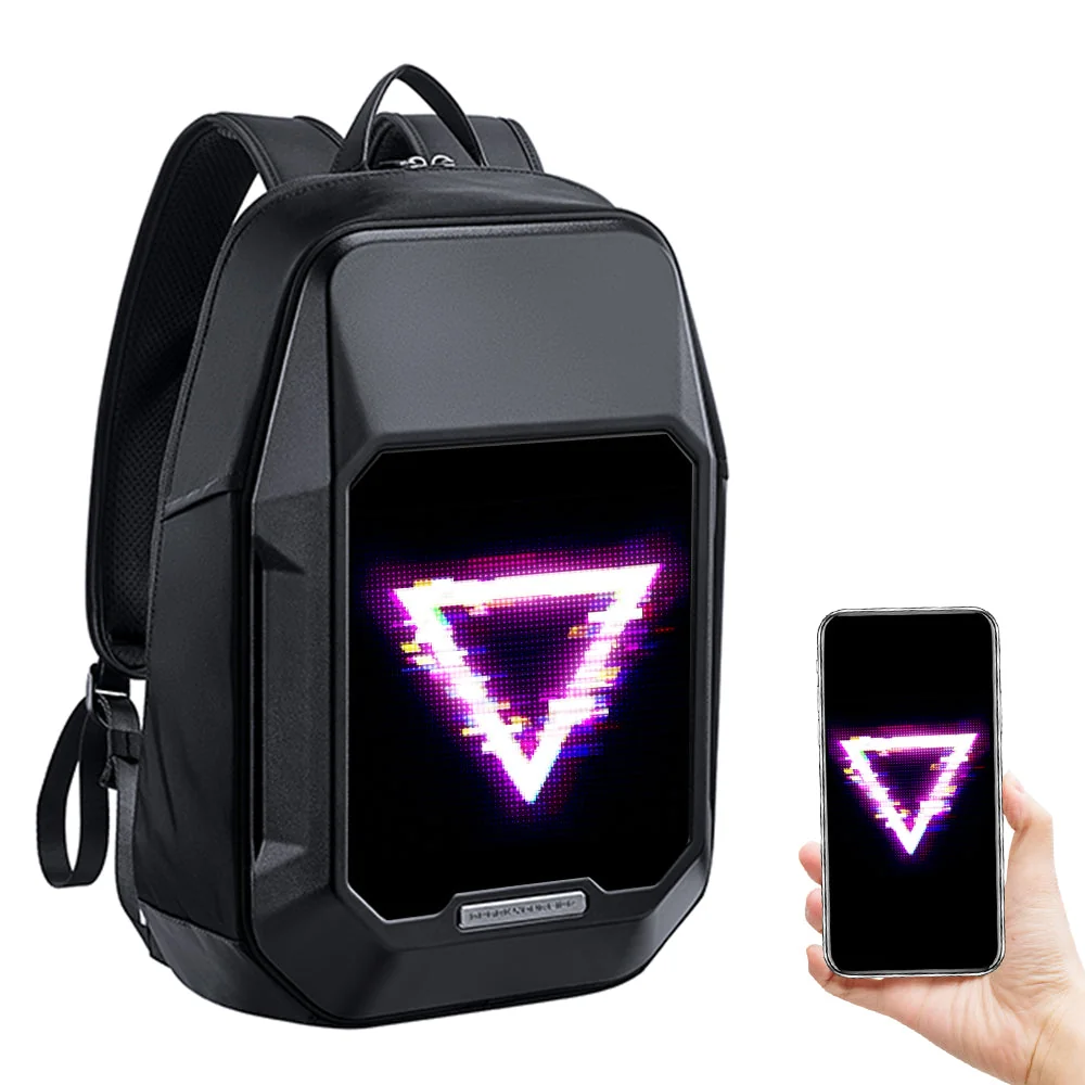 Чёрный Divoom Cyberbag спереди: светящийся пиксельный треугольник на панели 64×64