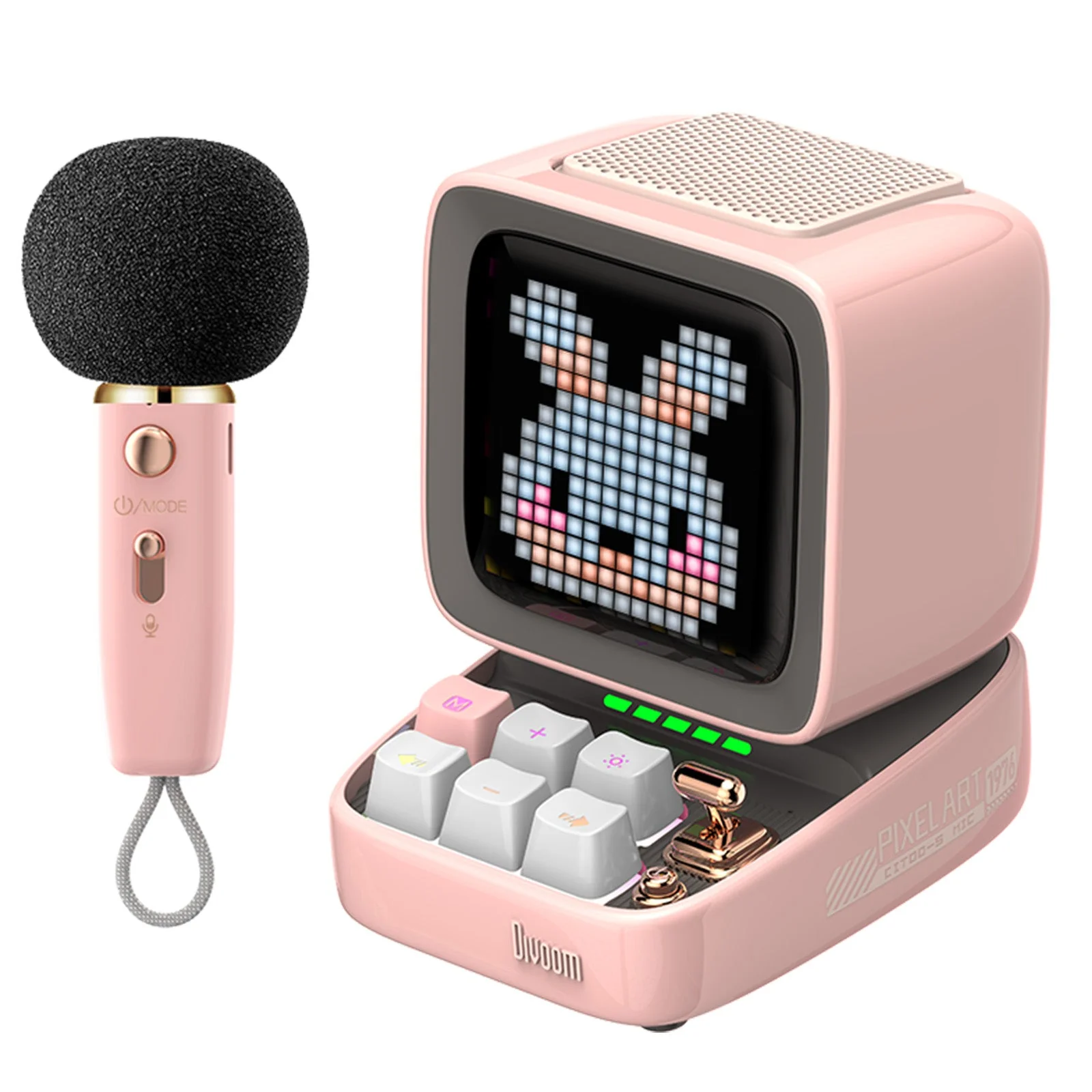 Divoom Ditoo 5-Mic розового цвета с микрофоном и пиксельным зайцем на экране
