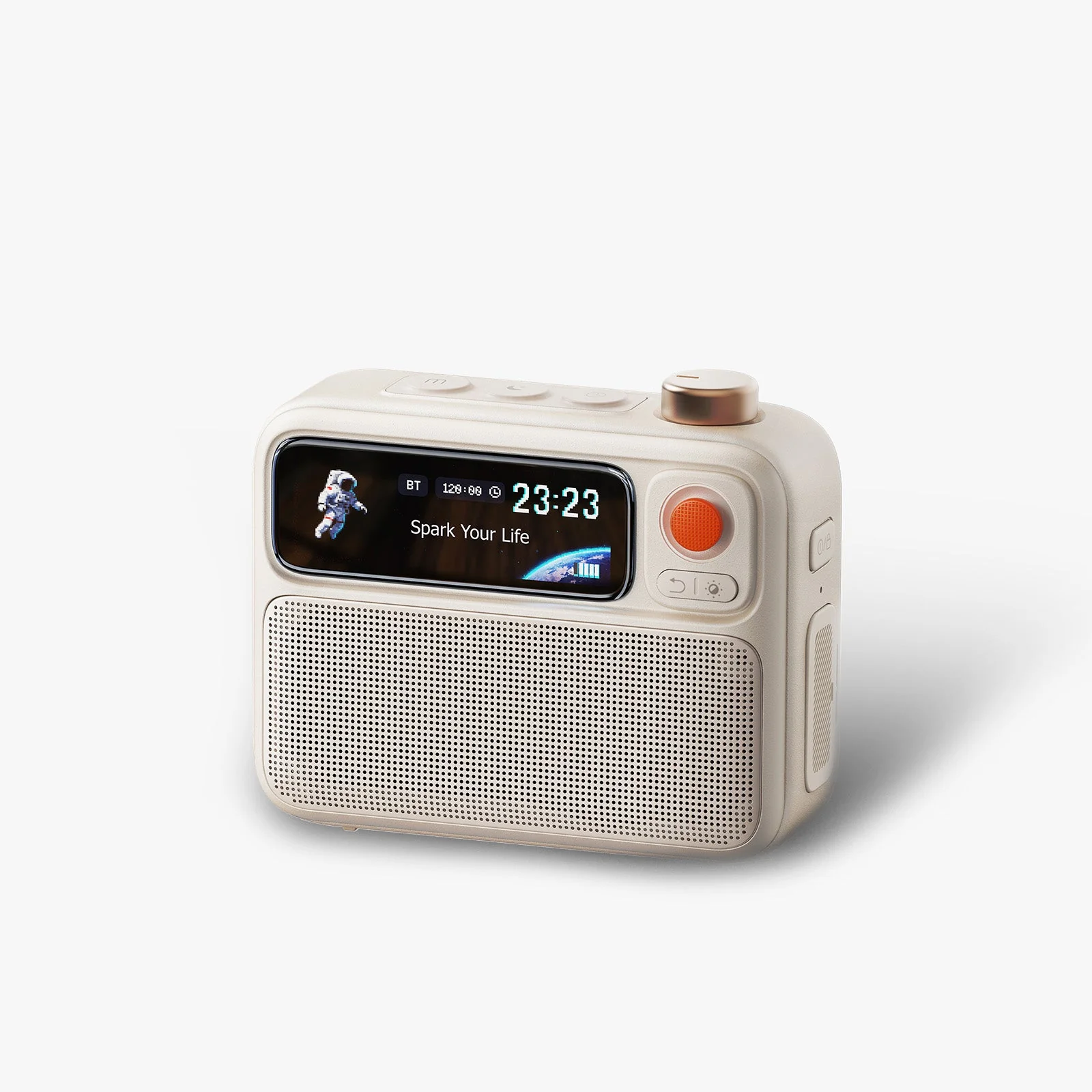 White Divoom FlowToo bedside speaker with its 2.26-inch display and orange button