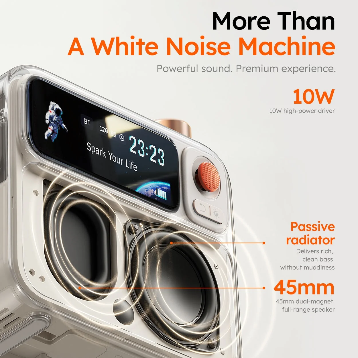 Official Divoom FlowToo sound diagram: 45 mm dual-magnet driver, passive radiator, 10 W