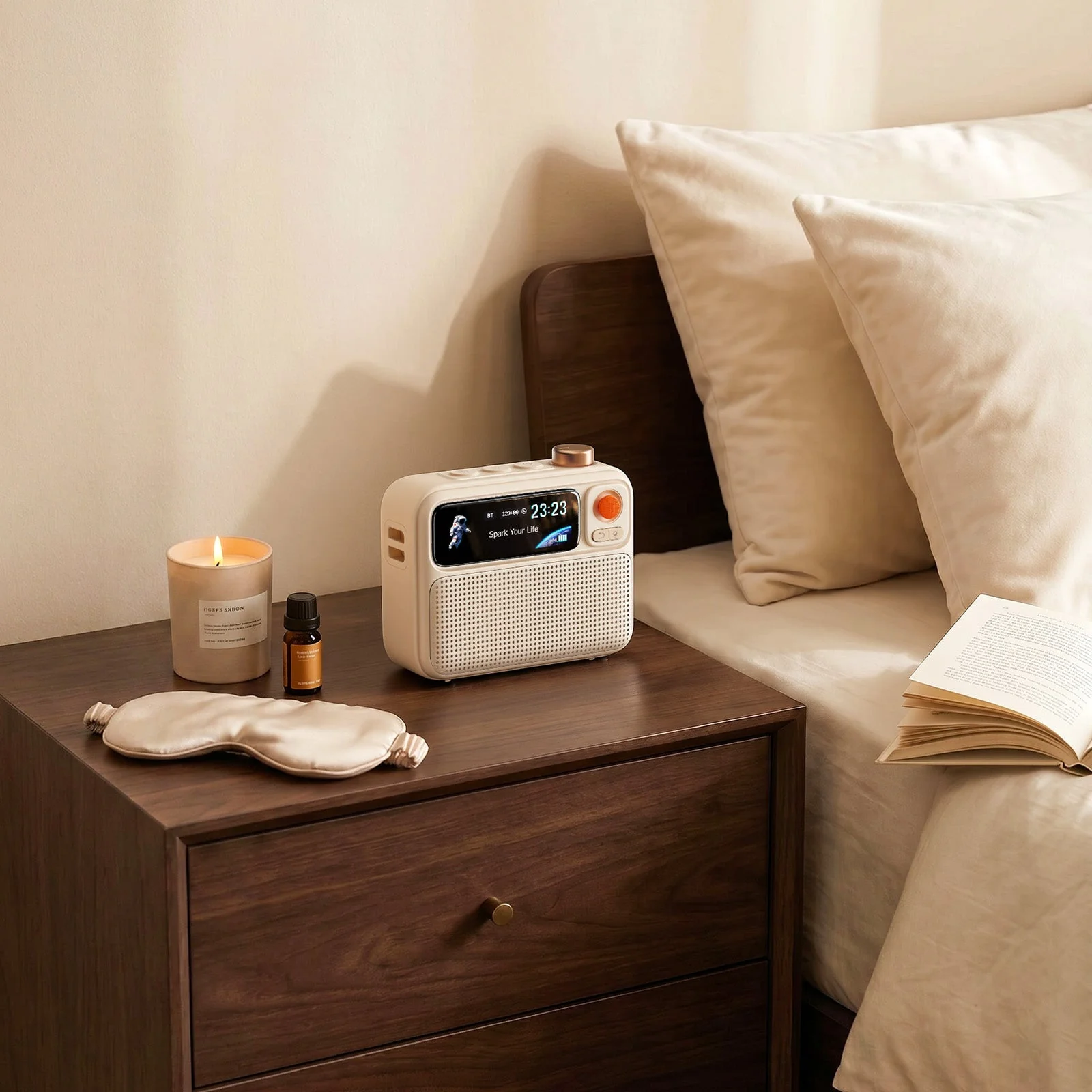 Divoom FlowToo on a nightstand beside a candle and a sleep mask