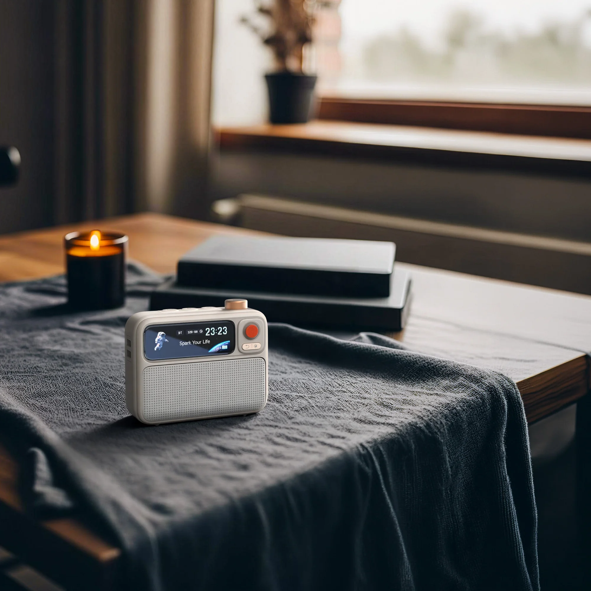 Divoom FlowToo with its display lit, on a bed in a dark bedroom