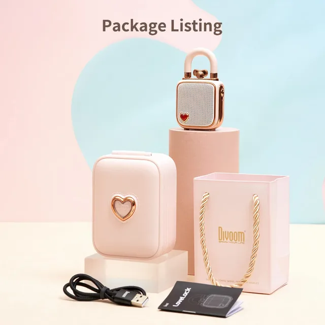Официальное фото комплекта Divoom LoveLock: колонка, футляр, подарочный пакет, кабель USB и инструкция