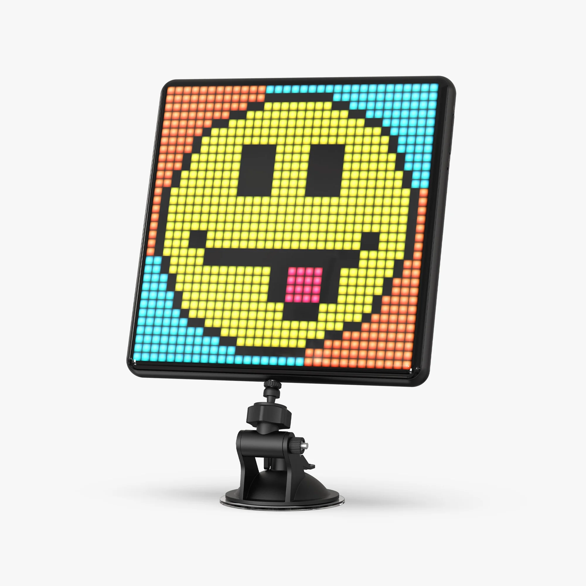 Divoom Pixoo-Max в три четверти на подставке с присоской, светящаяся пиксельная картинка