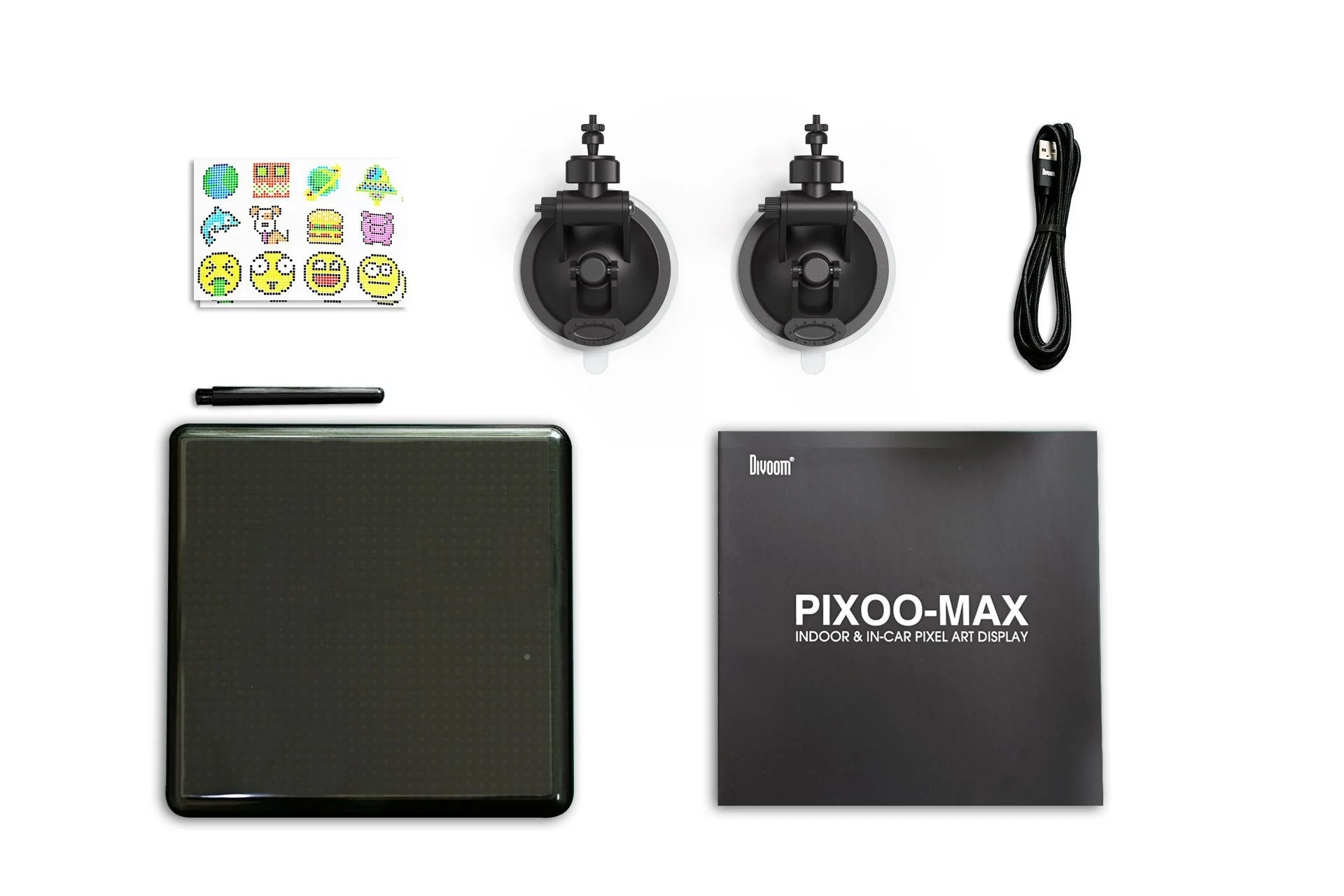Комплект Divoom Pixoo-Max: панель, коробка, кабель USB-C, присоски и лист наклеек
