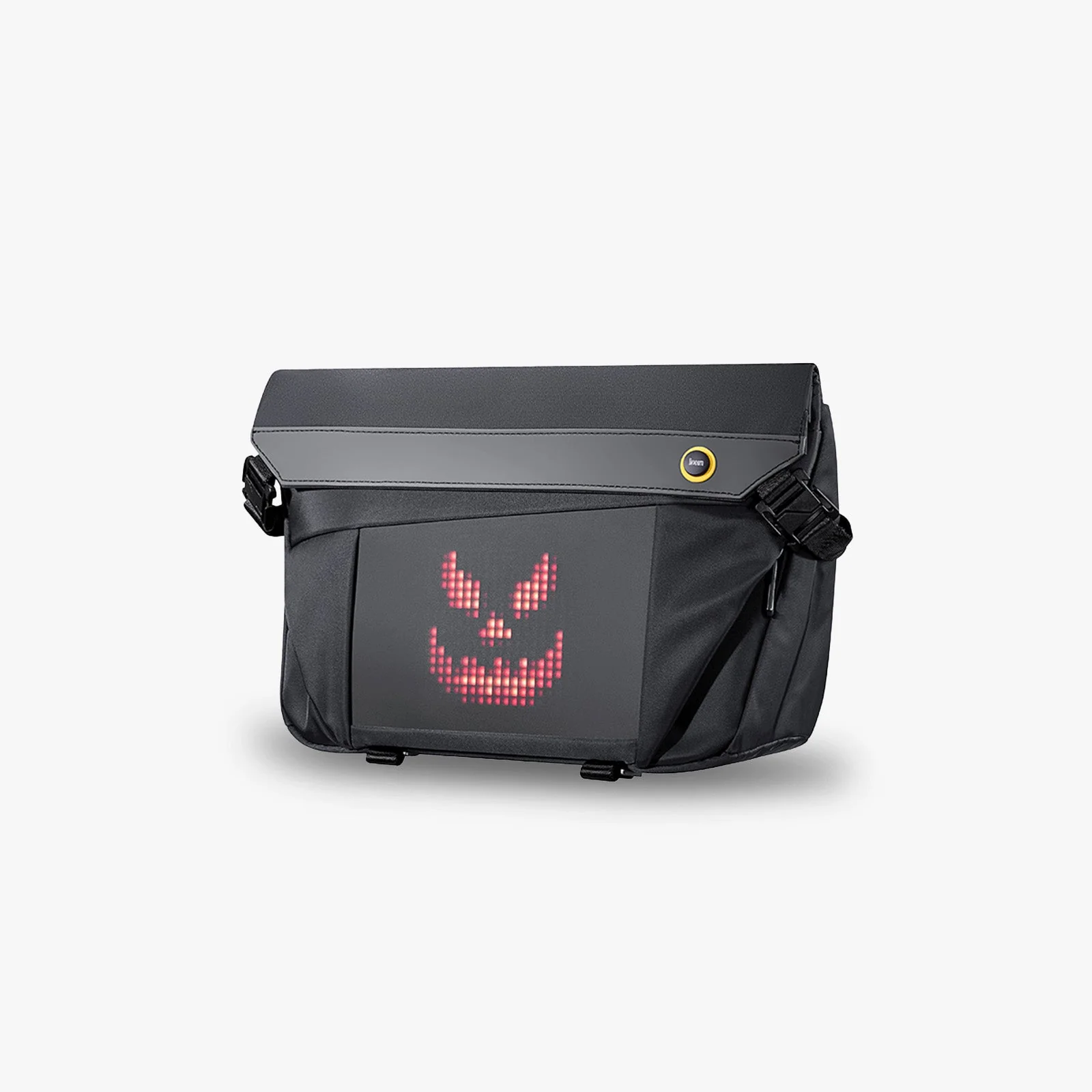 Divoom Pixoo Sling Bag-V, чёрная сумка через плечо: на пиксельном LED-экране розовая ухмыляющаяся рожица