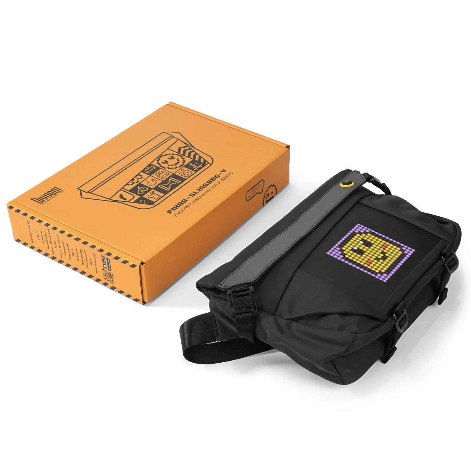Фирменная оранжевая коробка Divoom рядом с сумкой Pixoo Sling Bag-V