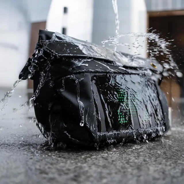 Чёрная сумка Pixoo Sling Bag-V под струями воды: водоотталкивающая ткань корпуса