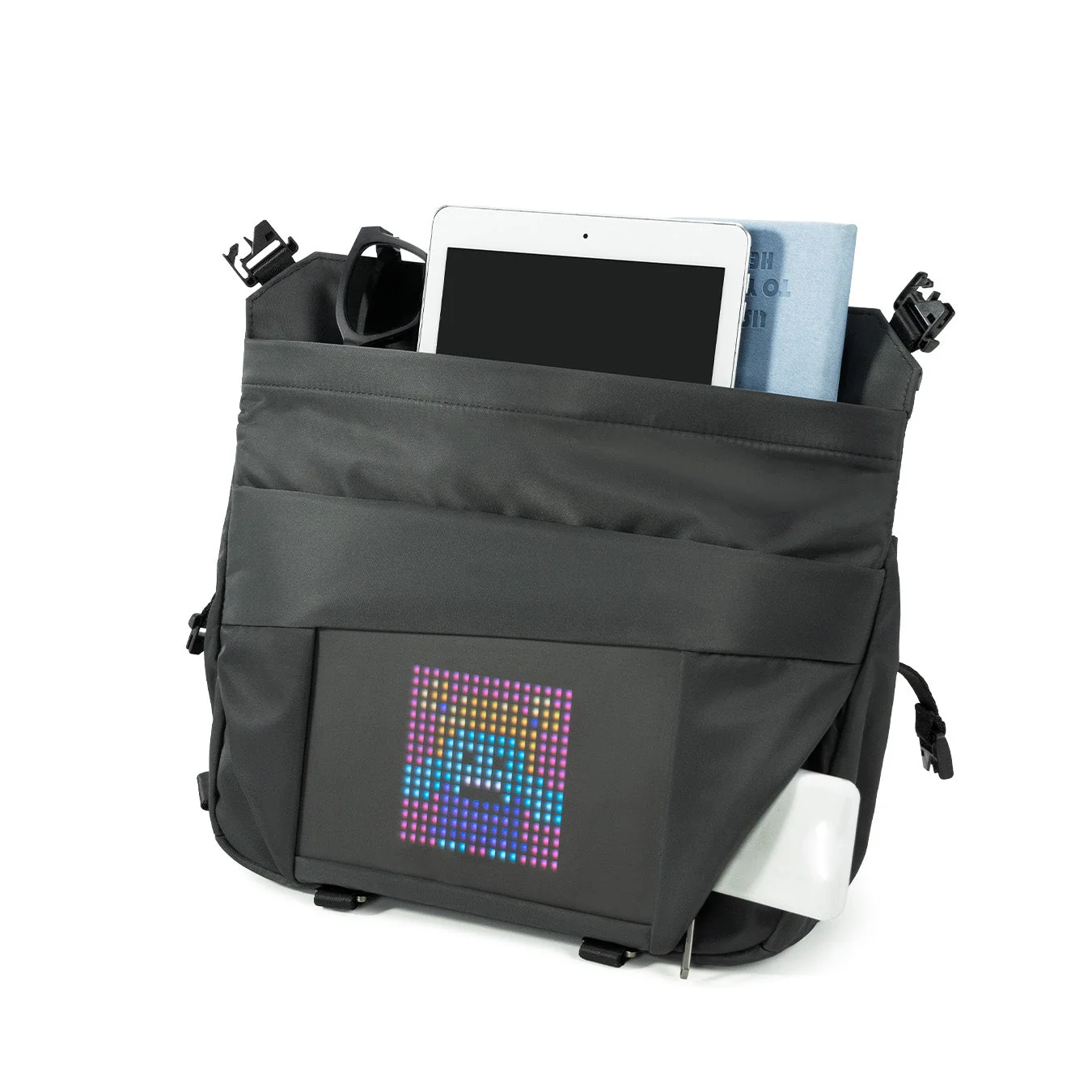 Открытая сумка Pixoo Sling Bag-V с планшетом и блокнотом внутри, пиксель-арт на экране
