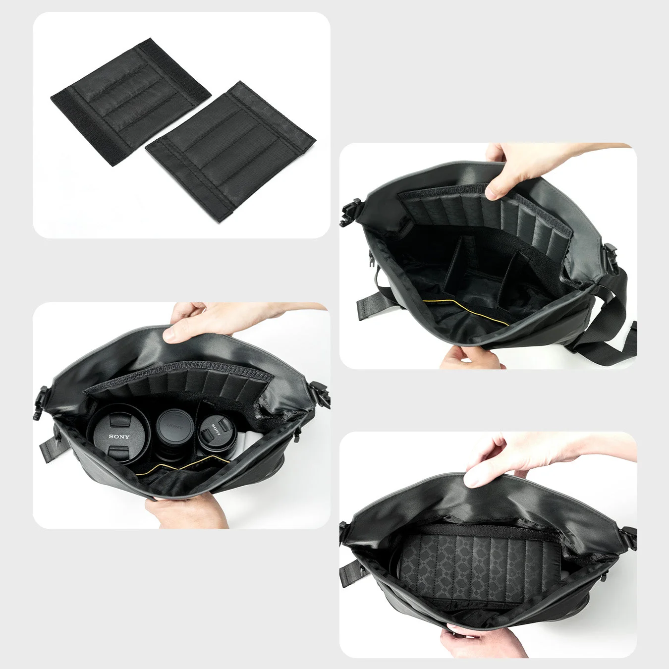 Съёмные перегородки Pixoo Sling Bag-V и основное отделение с объективами камеры и внутренним карманом