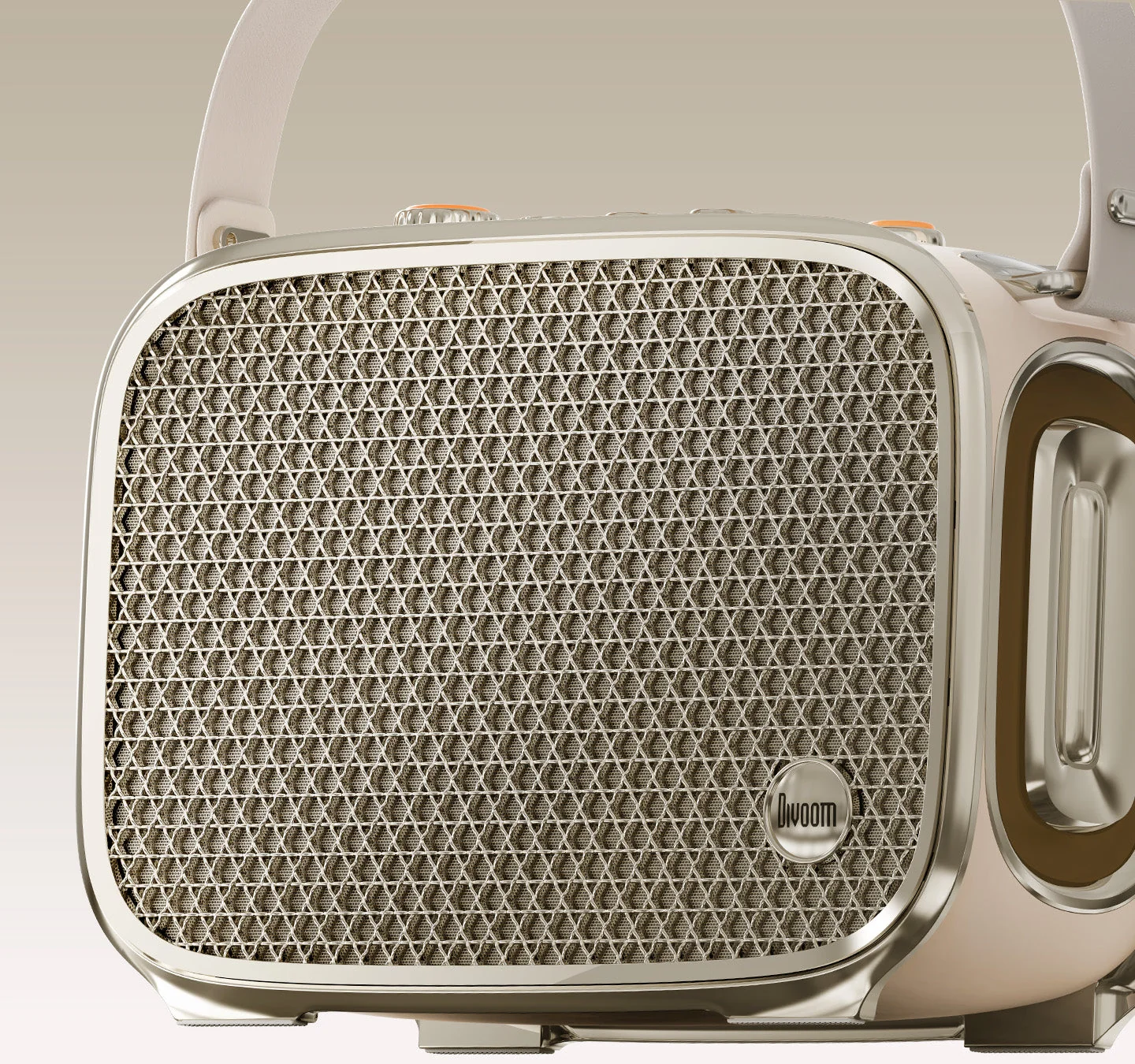 Close-up of the metal speaker grille on the Divoom SongBird-Ultra with the Divoom logo