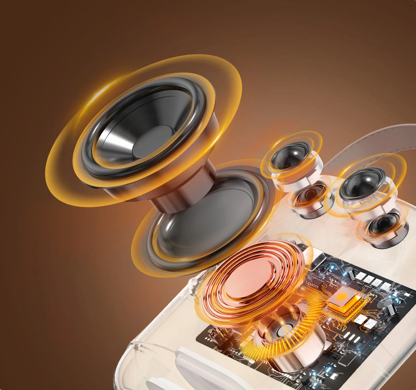 Exploded view of the Divoom Spark-Pro showing the woofer, two tweeters and the DSP board