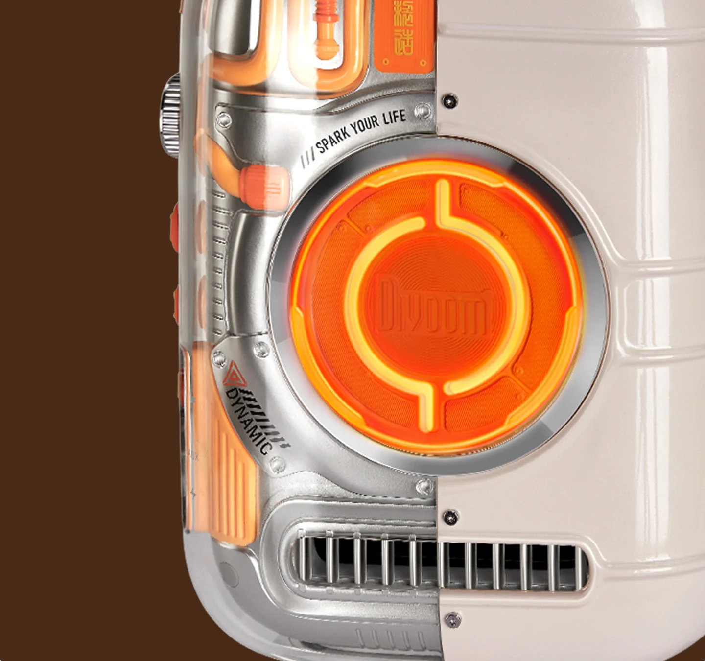 Close-up of the glowing RGB light ring on the Divoom Spark-Pro body