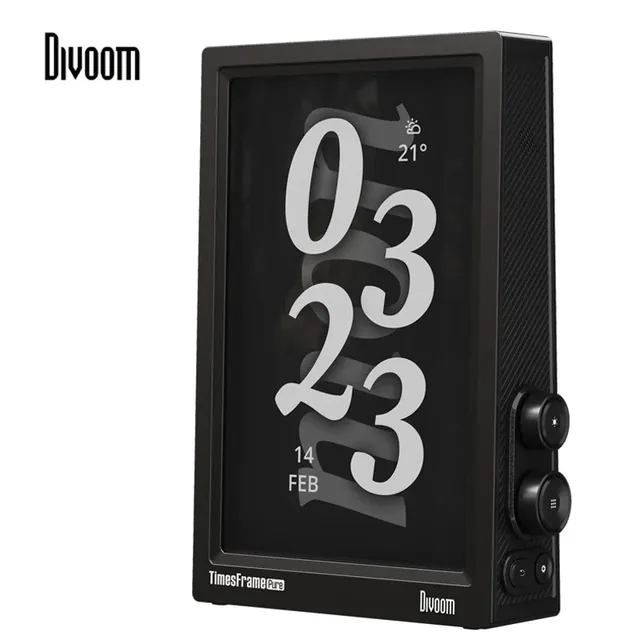 Divoom Times Frame Pure под углом: время и температура на экране, органы управления на боковой грани