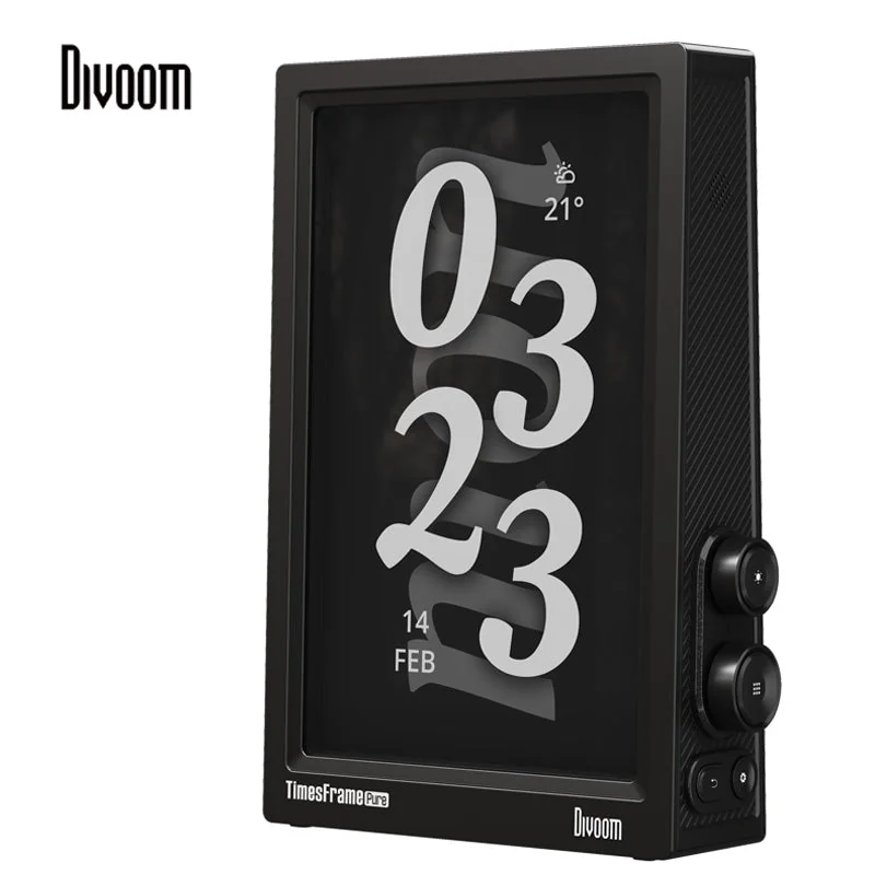 Divoom Times Frame Pure под углом: время и температура на экране, органы управления на боковой грани