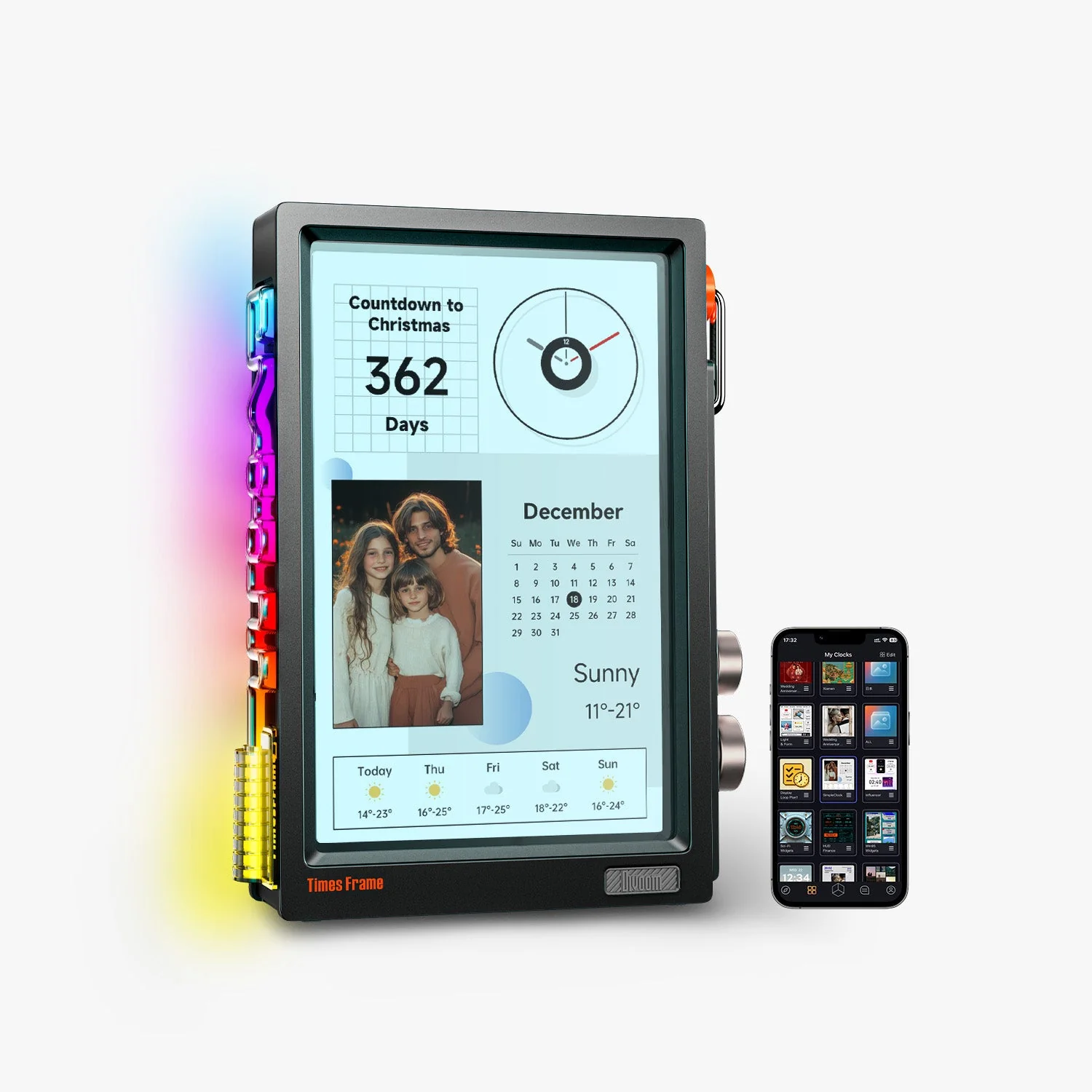 Divoom Times Frame спереди и сбоку: видно металлические ручки и толщину корпуса