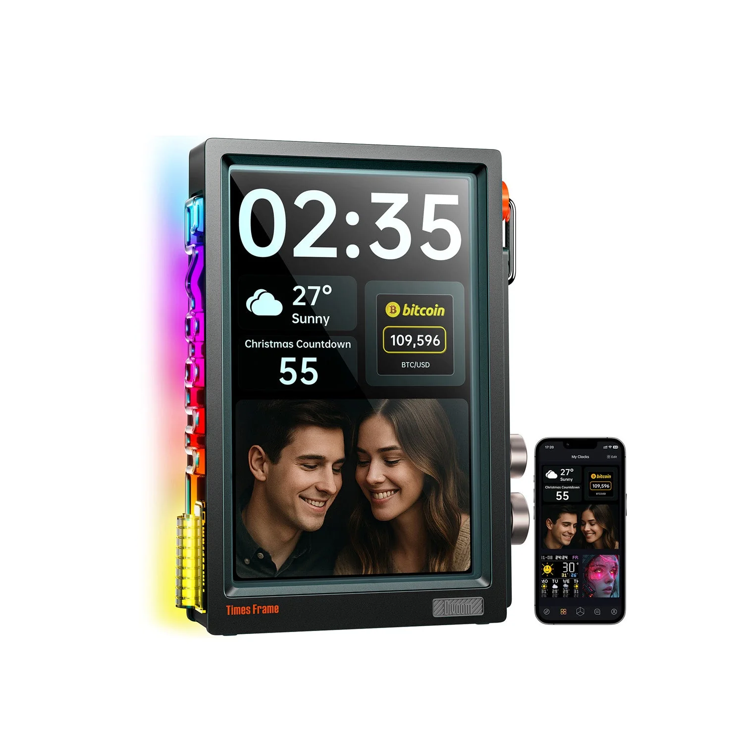 Divoom Times Frame под углом: часы, погода, курс и боковая RGB-линейка
