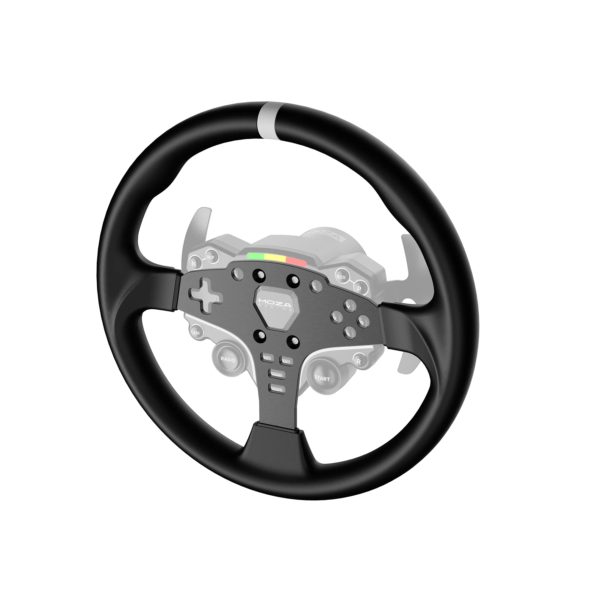 Круглый обод MOZA 12-inch Round Wheel Mod с полупрозрачным силуэтом модуля руля ES позади — показано, как мод садится на руль