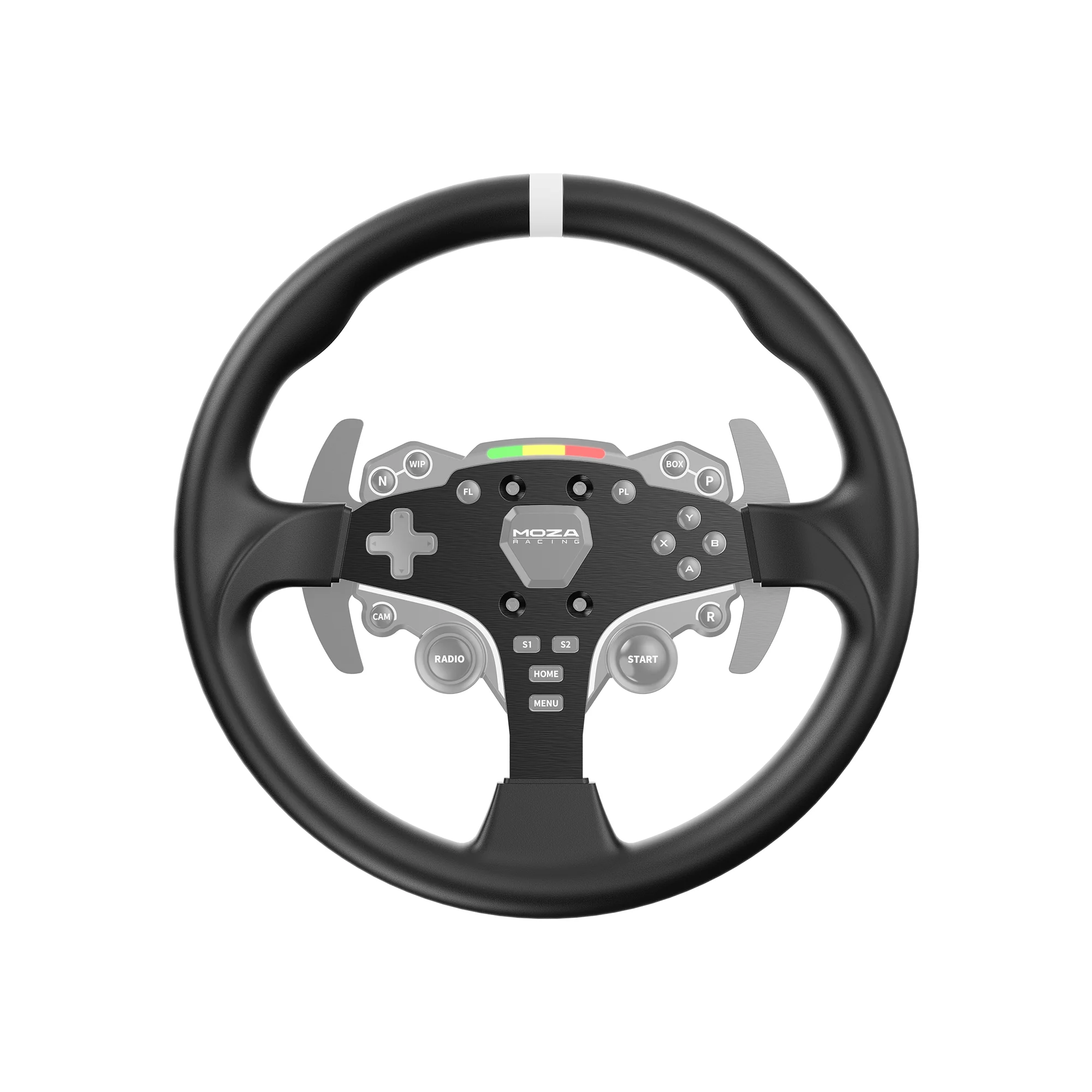 Обод MOZA 12-inch Round Wheel Mod фронтально с полупрозрачным силуэтом модуля руля ES: кнопки, лента RPM-светодиодов и лепестки переключения