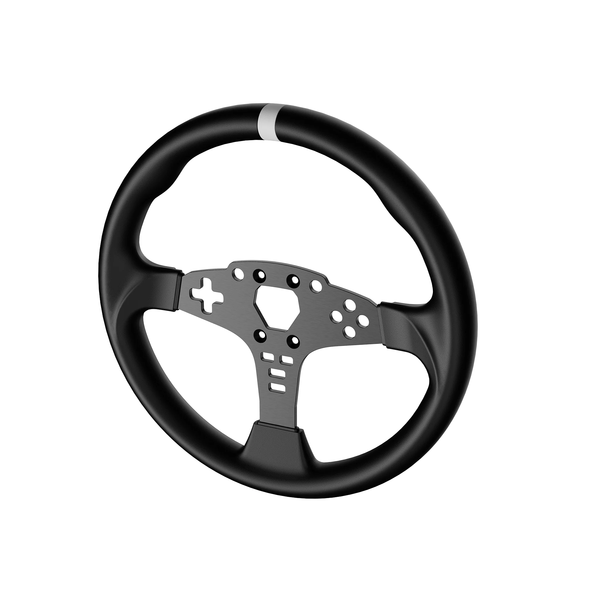 Чёрный круглый обод MOZA 12-inch Round Wheel Mod на белом фоне: микрофибровые хваты, белая метка сверху, трёхлучевая центральная пластина