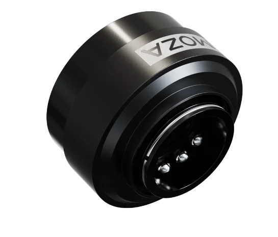 MOZA Quick Release крупным планом: чёрный алюминиевый корпус с фиксирующим кольцом и контактами