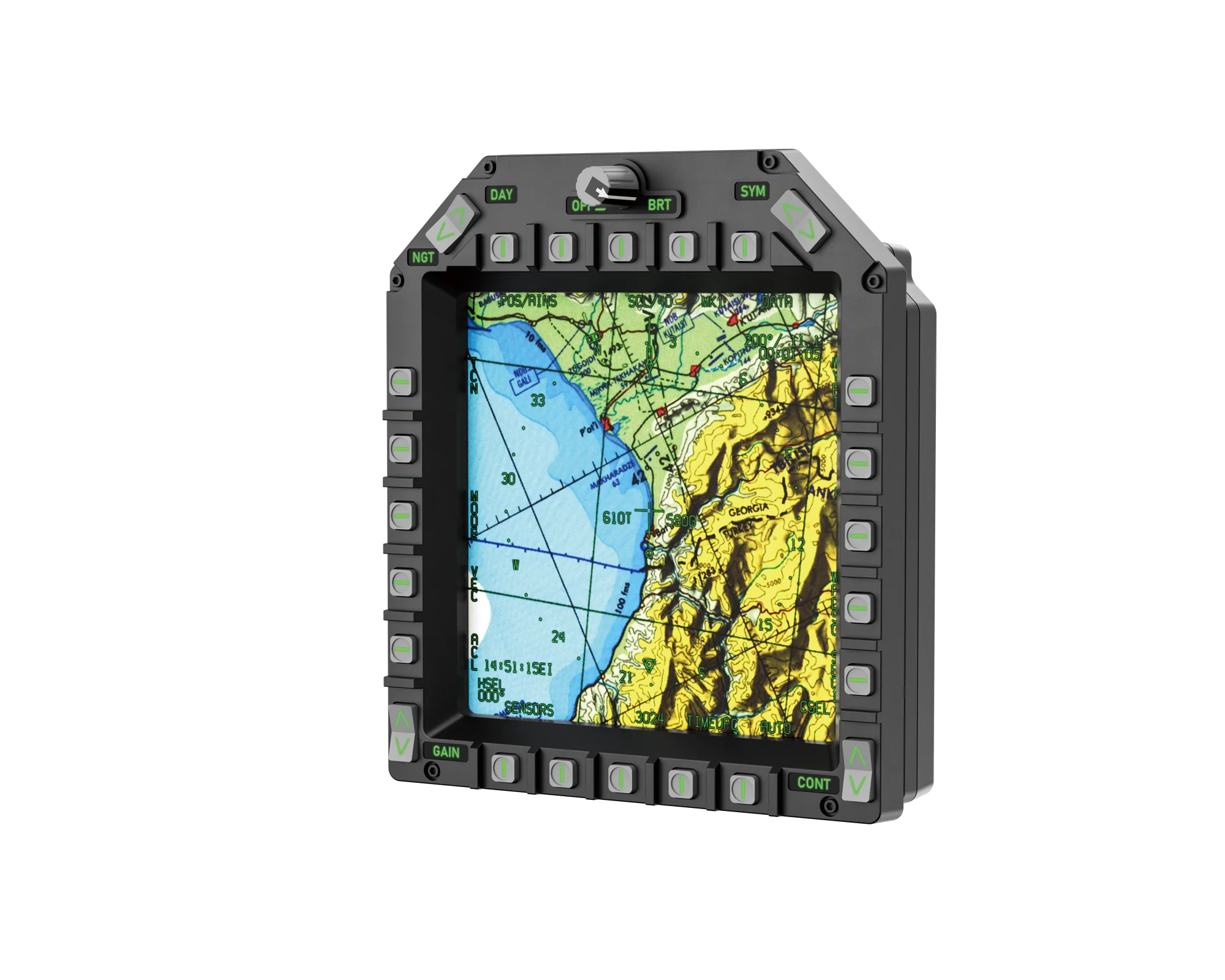 MOZA AMPCD Display Panel под углом: на квадратном экране цветная подвижная карта, видна глубина корпуса