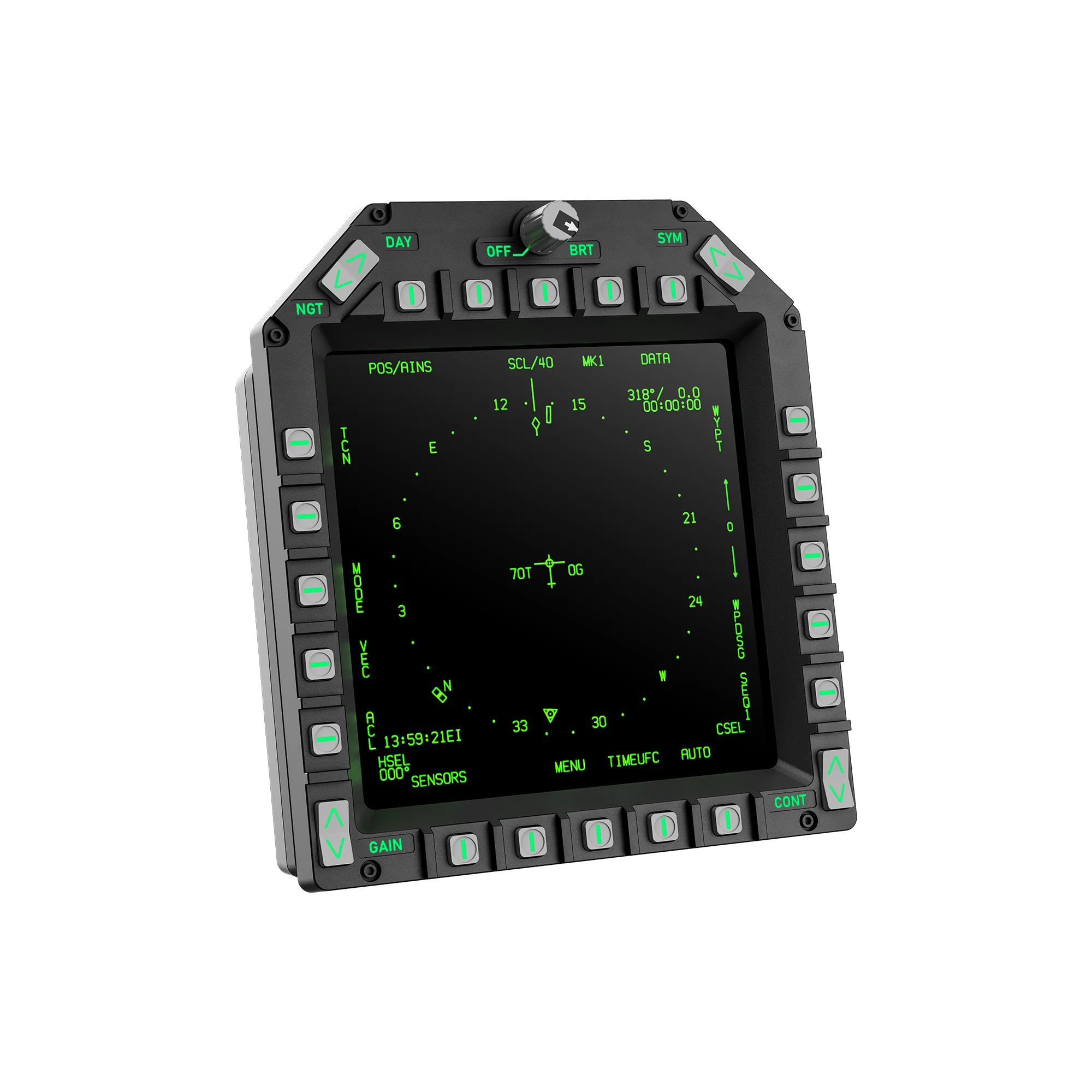 Панель MOZA AMPCD Display Panel: на квадратном экране зелёная навигационная страница, кнопки по периметру рамки, вид три четверти