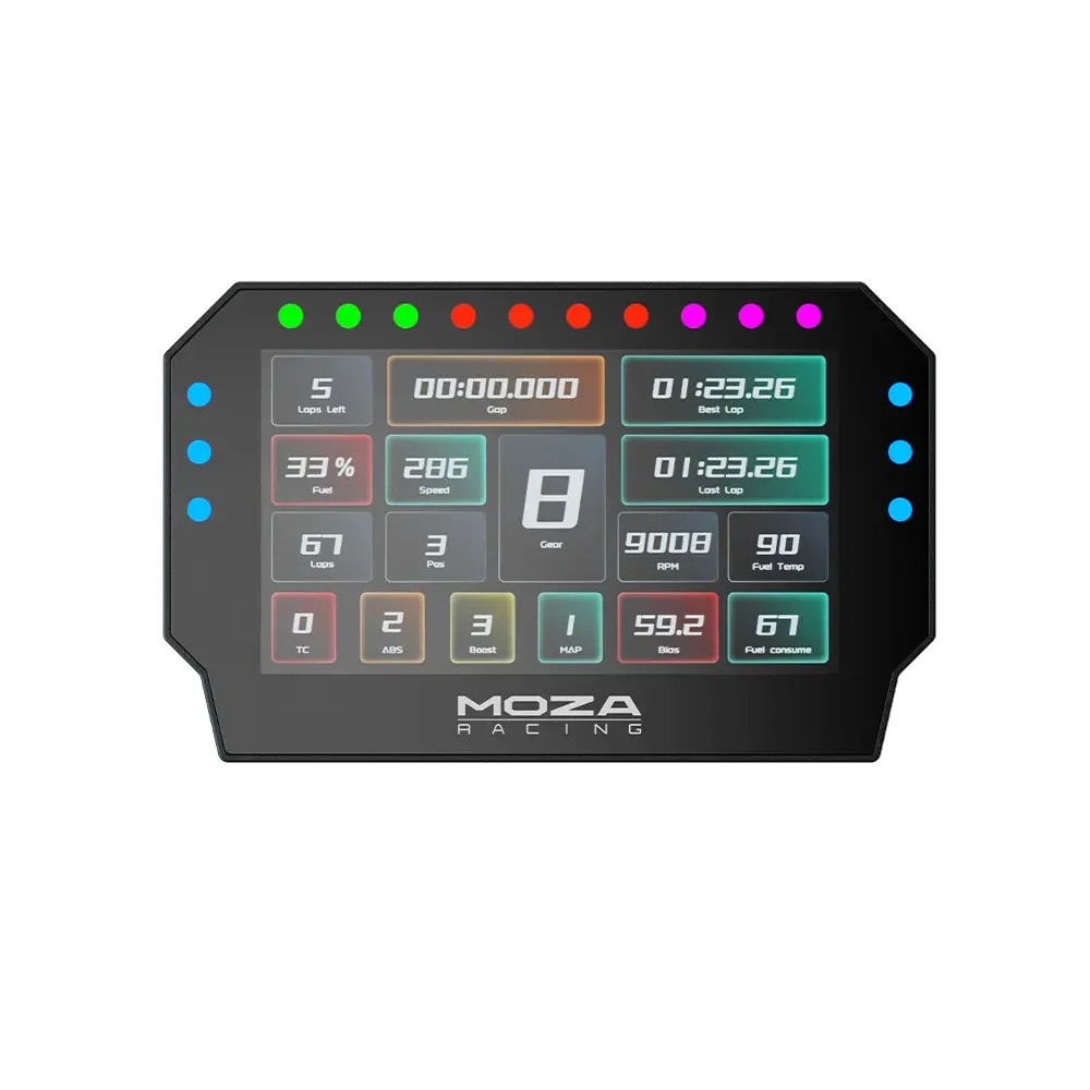 MOZA CM2 HD Racing Dash спереди: экран с телеметрией, 10 шифт-ламп сверху и 6 синих флаговых по бокам
