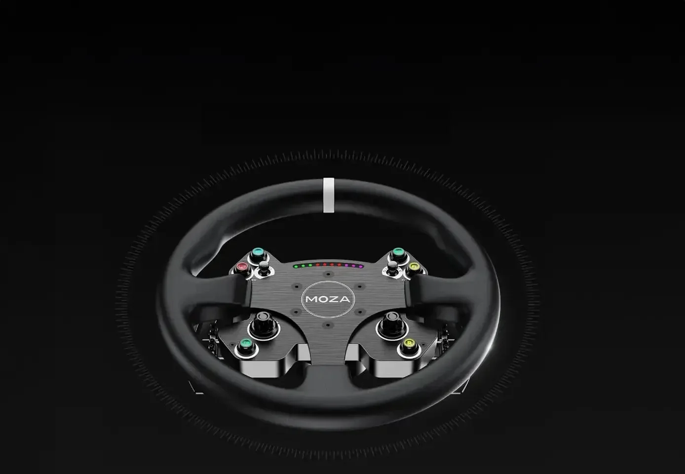 Круглый руль MOZA CS V2P 13 дюймов на чёрном фоне с размерной окружностью