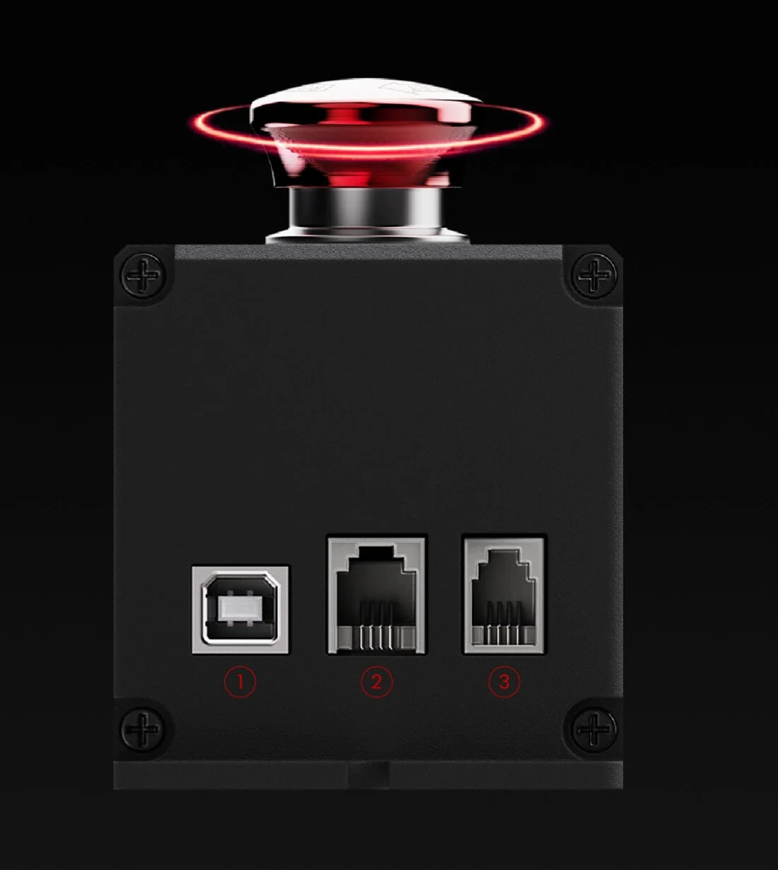 Разъёмы MOZA E-Stop Switch крупным планом: USB, RJ11 и RJ9 под номерами 1, 2 и 3 — по одному на каждый режим